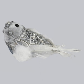 Птичка со стразами на прищепке, 17x8x8см, серый в интернет-магазине флористических аксессуаров Азалия Декор