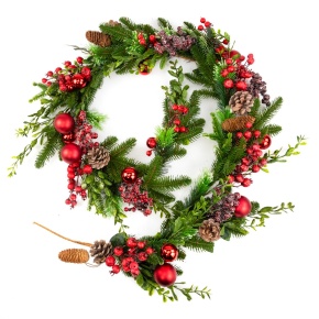 Гирлянда еловая с ягодами, шишками и шарами, 183 см, зеленый/красный в интернет-магазине флористических аксессуаров Азалия Декор