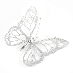 Украшение подвесное Бабочка с глиттером (пластик), 12х14см, серебряный в интернет-магазине флористических аксессуаров Азалия Декор
