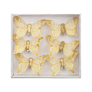 Набор бабочек с глиттером на прищепках 6шт., 6см, золотой в интернет-магазине флористических аксессуаров Азалия Декор