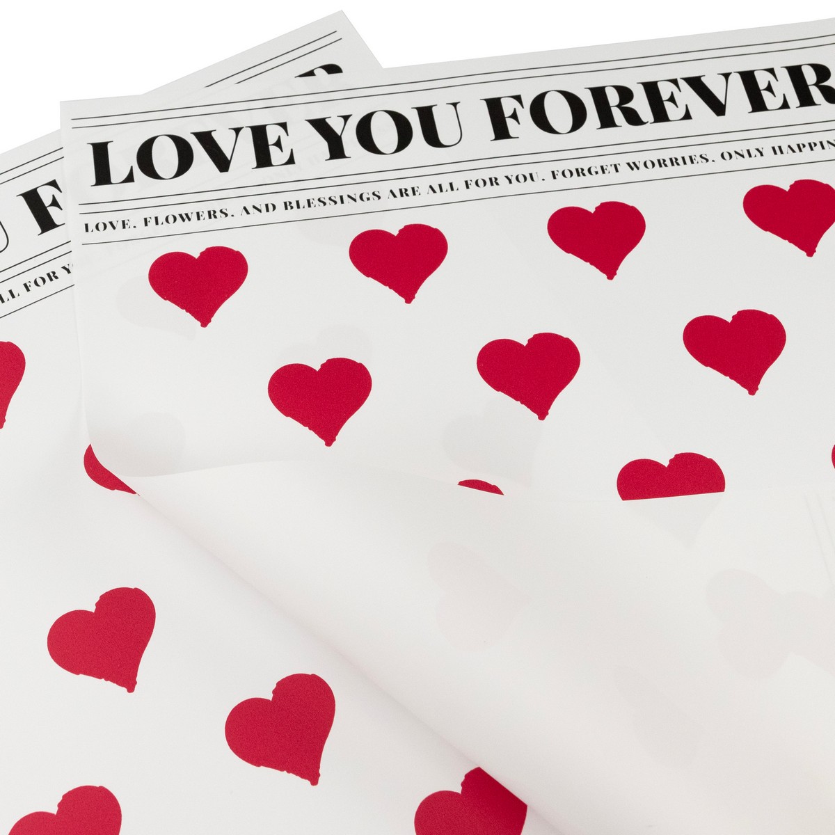 Пленка с каймой Сердца 65мкр, 20 листов, 35х50см, белый/ красный в интернет-магазине флористических аксессуаров Азалия Декор