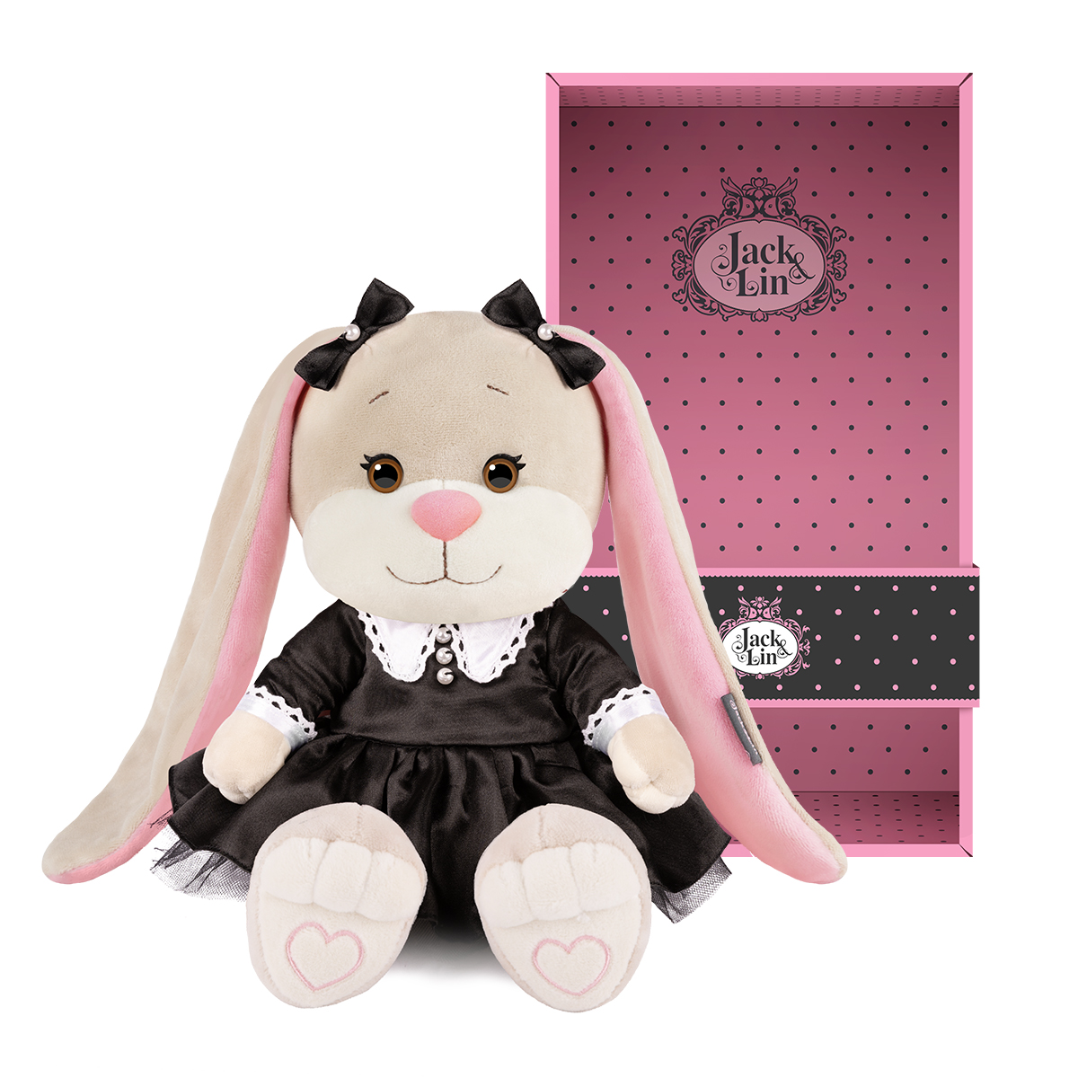 Игрушка м/н Зайка Лин в подар. кор., 25см, кремовый/черный в интернет-магазине флористических аксессуаров Азалия Декор