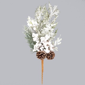 Ветка еловая с ягодами и шишками заснеженная, 51см, зеленый/белый в интернет-магазине флористических аксессуаров Азалия Декор
