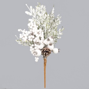 Ветка еловая с ягодами и шишками заснеженная, 31см, зеленый/белый в интернет-магазине флористических аксессуаров Азалия Декор