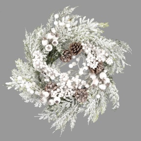 Венок еловый с ягодами и шишками заснеженный, D40см, зеленый/белый в интернет-магазине флористических аксессуаров Азалия Декор