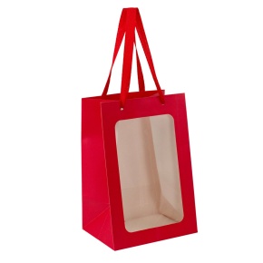 Пакет подарочный с прозрачной вставкой (крафт), 20x16x30см (в уп. 12шт.), красный в интернет-магазине флористических аксессуаров Азалия Декор