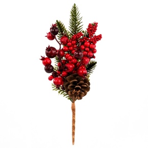 Ветка еловая с ягодами и шишкой, 31см, зеленый/красный в интернет-магазине флористических аксессуаров Азалия Декор