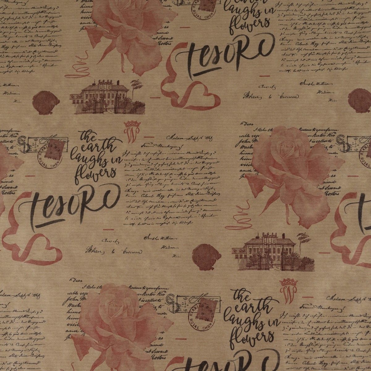 Бумага упаковочная крафт Эстер 40гр, 72 см 10 м, натуральный/красный в интернет-магазине флористических аксессуаров Азалия Декор