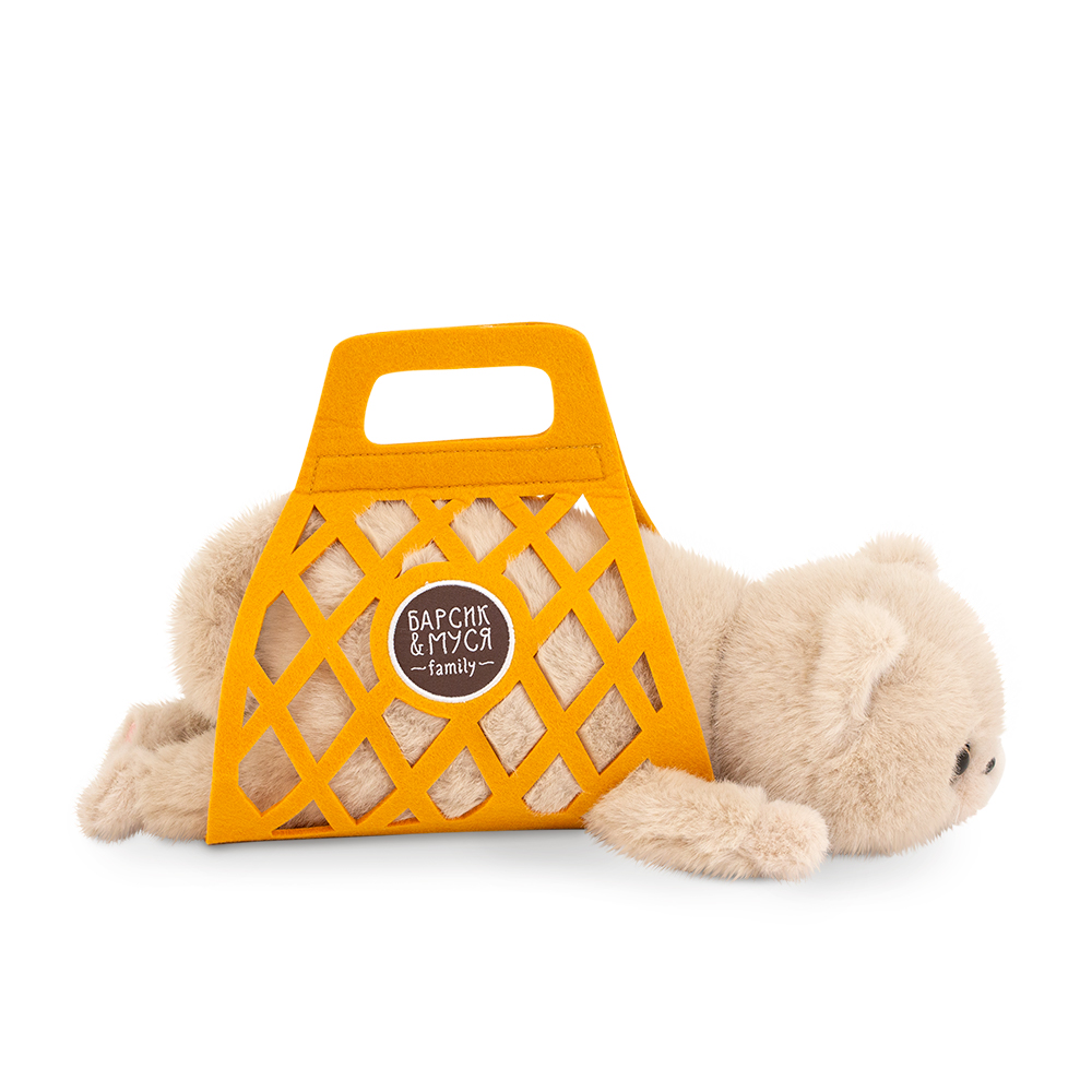 Игрушка м/н Кот Барсик в сумке, 35см, коричневый в интернет-магазине флористических аксессуаров Азалия Декор