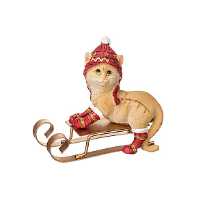 Сувенир Котенок на санях новогодний, H11,5х6х9,5см, коричневый/красный в интернет-магазине флористических аксессуаров Азалия Декор