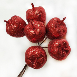 Набор яблок с глиттером на вставках 6шт., D3xL12см, красный в интернет-магазине флористических аксессуаров Азалия Декор