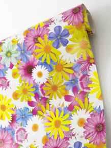 Бумага упаковочная Герберы 70 см 4,5 м, розовый/желтый/голубой в интернет-магазине флористических аксессуаров Азалия Декор