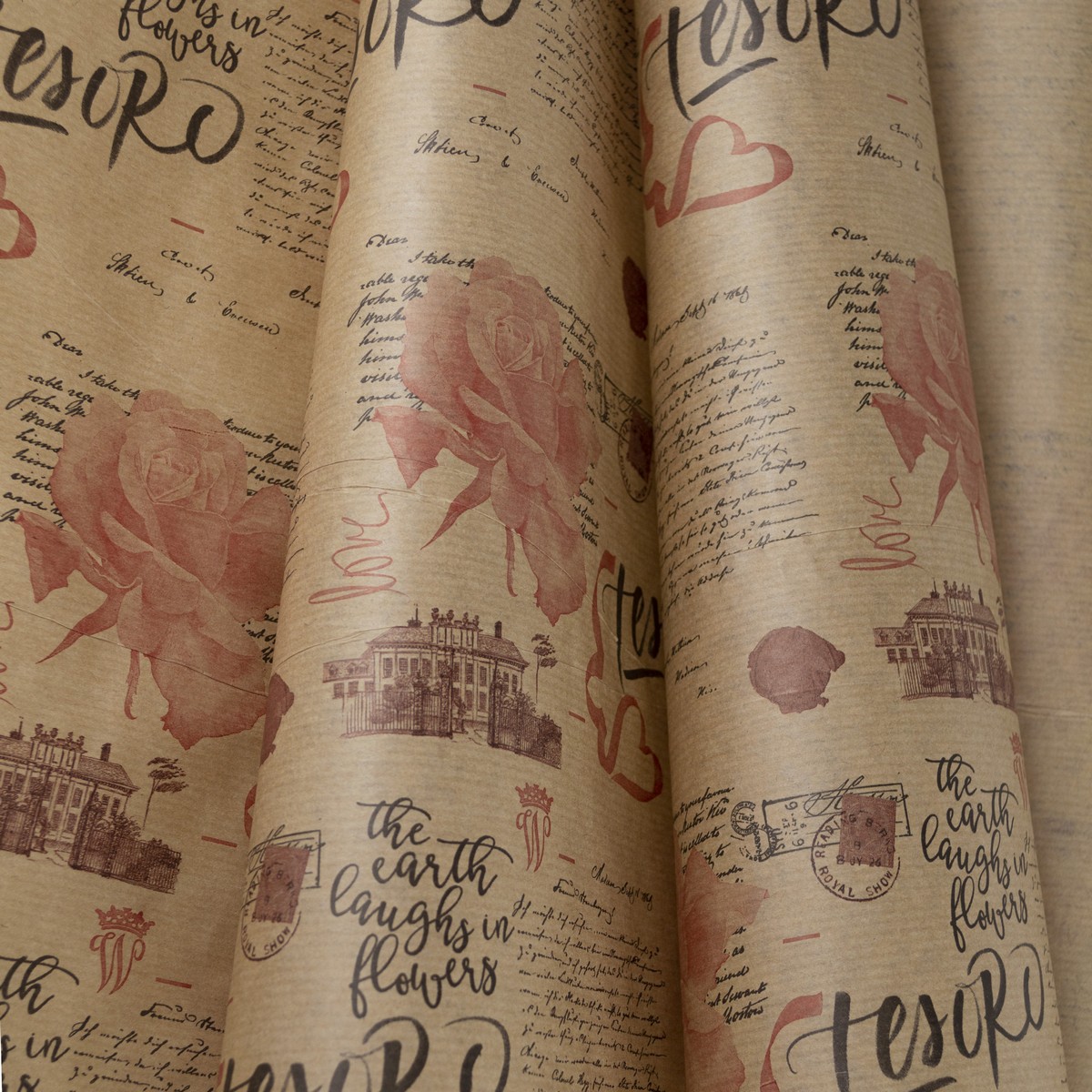 Бумага упаковочная крафт Эстер 40гр, 72 см 10 м, натуральный/красный в интернет-магазине флористических аксессуаров Азалия Декор