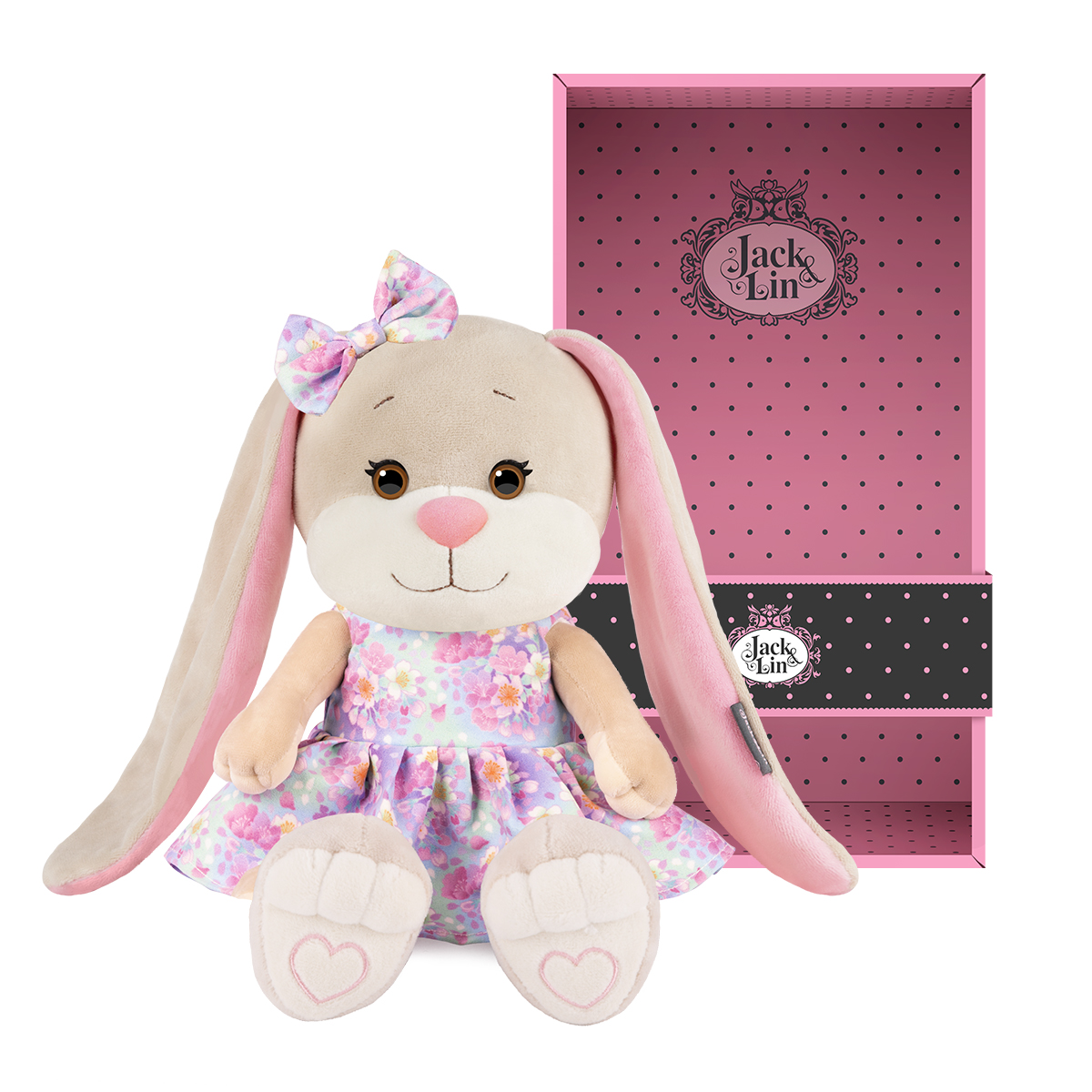 Игрушка м/н Зайка Лин в подар. кор., 25см, кремовый/сиреневый в интернет-магазине флористических аксессуаров Азалия Декор