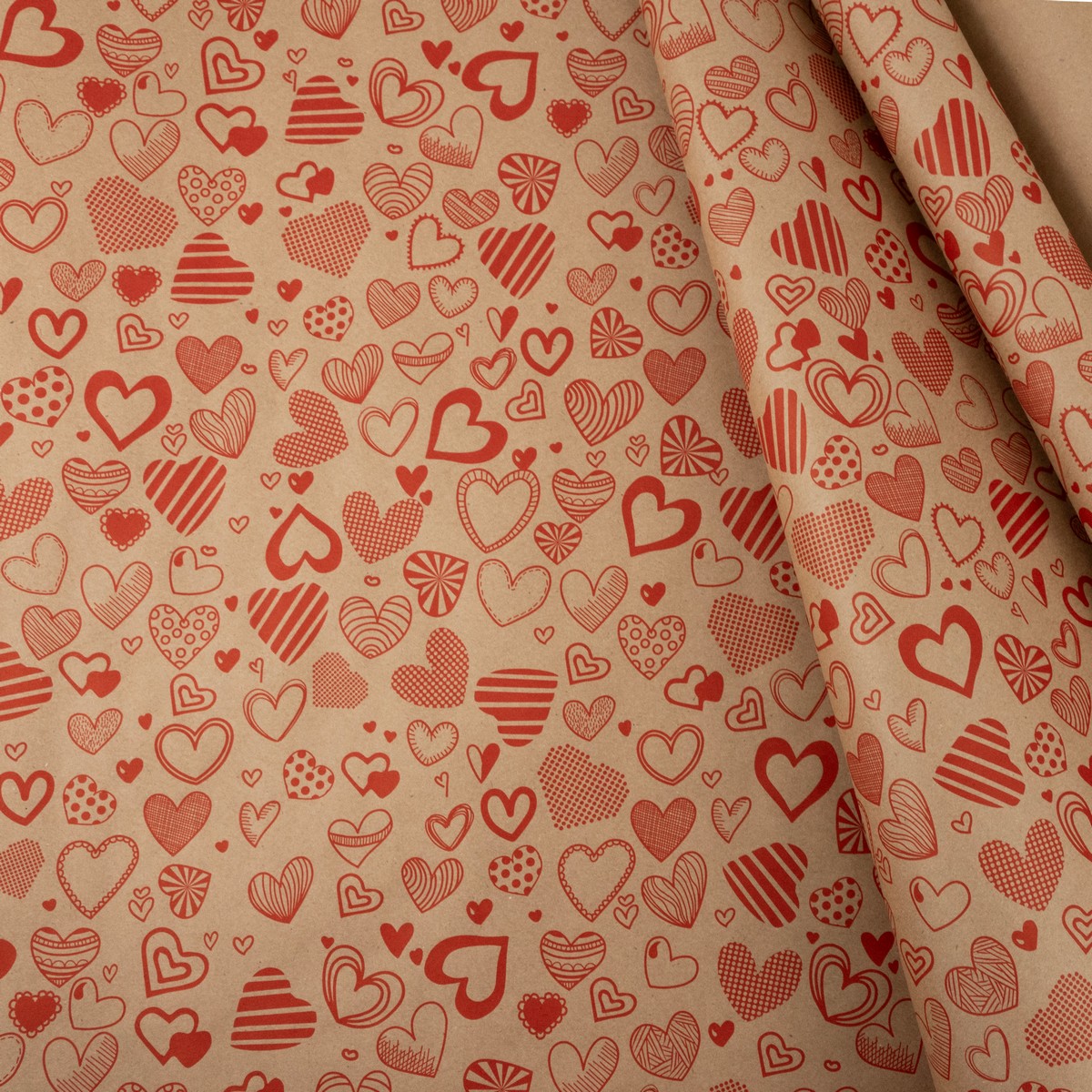 Бумага упаковочная крафт Сердечное ассорти 60гр, 70 см 10 м, натуральный/красный в интернет-магазине флористических аксессуаров Азалия Декор