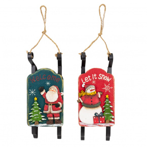 Украшение подвесное Санки (дерево), H22,5x9,5х6см, в асс., красный/синий в интернет-магазине флористических аксессуаров Азалия Декор