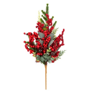 Ветка еловая с ягодами и эвкалиптом, 50 см, зеленый/красный в интернет-магазине флористических аксессуаров Азалия Декор