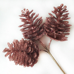 Набор шишек с глиттером на вставках 3шт., D6xL13см, розовый в интернет-магазине флористических аксессуаров Азалия Декор