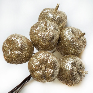 Набор яблок с глиттером на вставках 6шт., D3xL12см, шампань в интернет-магазине флористических аксессуаров Азалия Декор