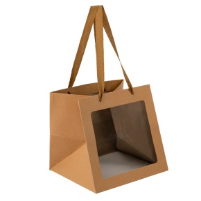 Пакет подарочный с прозрачной вставкой (крафт), 25x25x25см (в уп. 12шт.), натуральный в интернет-магазине флористических аксессуаров Азалия Декор