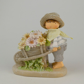 Сувенир Мальчик с тележкой цветов (полирезин), H14,5х13,5х7см, розовый в интернет-магазине флористических аксессуаров Азалия Декор