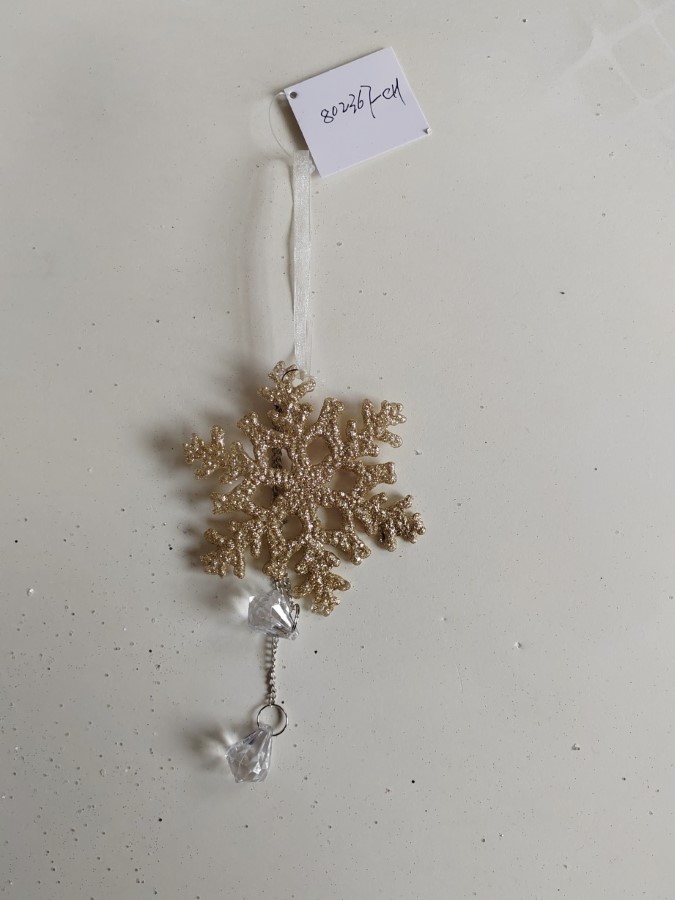 Украшение подвесное Снежинка с глиттером и стразами (пластик), 17,5х10см, шампань в интернет-магазине флористических аксессуаров Азалия Декор