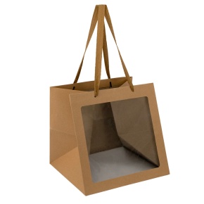 Пакет подарочный с прозрачной вставкой (крафт), 30x30x30см (в уп. 12шт.), натуральный в интернет-магазине флористических аксессуаров Азалия Декор