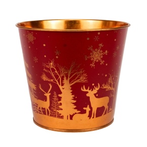 Кашпо Зимний пейзаж (металл), D13,5xH11,5см, красный/золотой в интернет-магазине флористических аксессуаров Азалия Декор