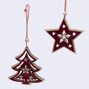 Украшение подвесное Звезда/Елочка (дерево), 10см, в асс., красный/золотой в интернет-магазине флористических аксессуаров Азалия Декор