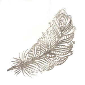 Украшение подвесное Перо с глиттером (пластик), 15х8см, серебряный в интернет-магазине флористических аксессуаров Азалия Декор