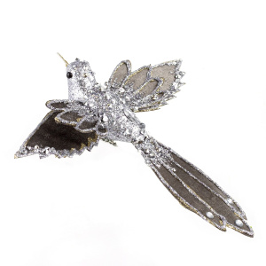 Птичка со стразами на прищепке, 21x21xH5см, серебряный в интернет-магазине флористических аксессуаров Азалия Декор