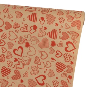Бумага упаковочная крафт Сердечное ассорти 60гр, 70 см 10 м, натуральный/красный в интернет-магазине флористических аксессуаров Азалия Декор
