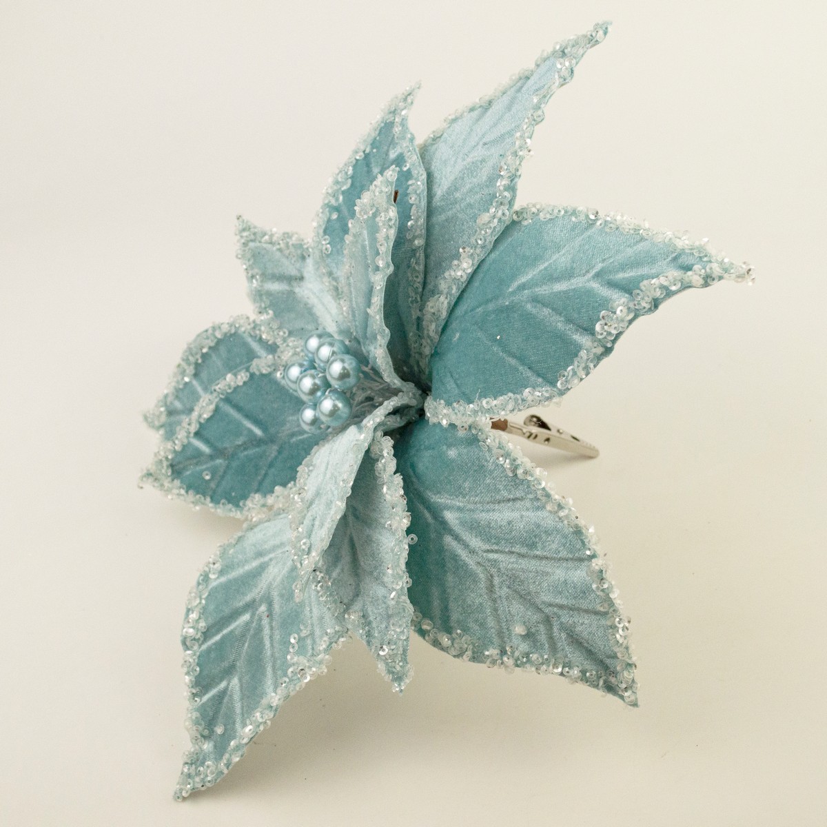 Пуансетия с глиттером на прищепке, D28см, голубой в интернет-магазине флористических аксессуаров Азалия Декор