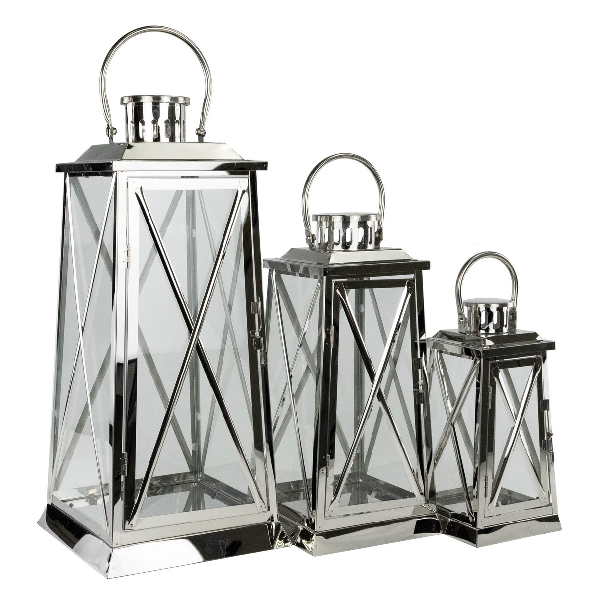 Набор фонарей 3шт. (металл/стекло), 22x22xH50см, серебряный в интернет-магазине флористических аксессуаров Азалия Декор