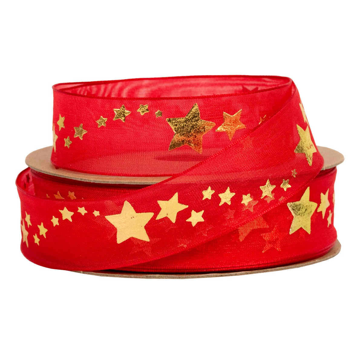 Лента Звезды (полиэстер), 25 мм 10 м, красный/золотой в интернет-магазине флористических аксессуаров Азалия Декор