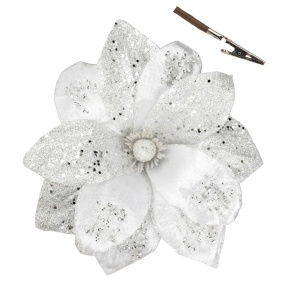Магнолия с глиттером на прищепке, D28см, белый в интернет-магазине флористических аксессуаров Азалия Декор