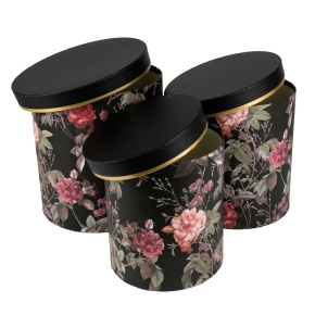 Набор коробок круглых Цветы 3шт, D24хH23,5см, черный в интернет-магазине флористических аксессуаров Азалия Декор