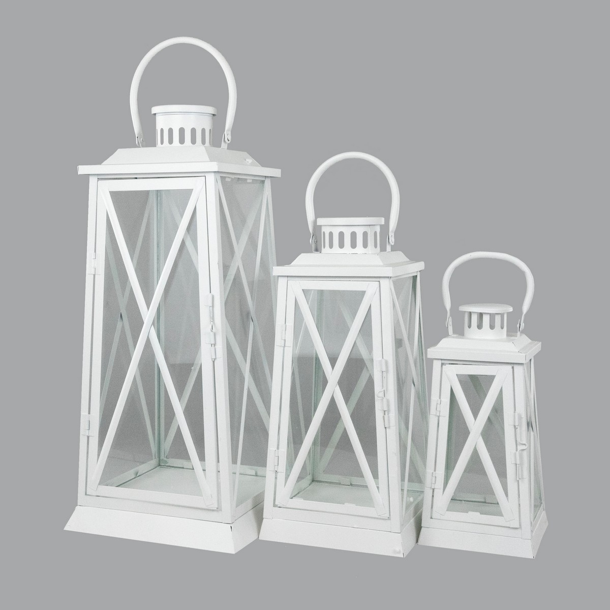 Набор фонарей 3шт. (металл/стекло), 22x22xH50см, белый в интернет-магазине флористических аксессуаров Азалия Декор