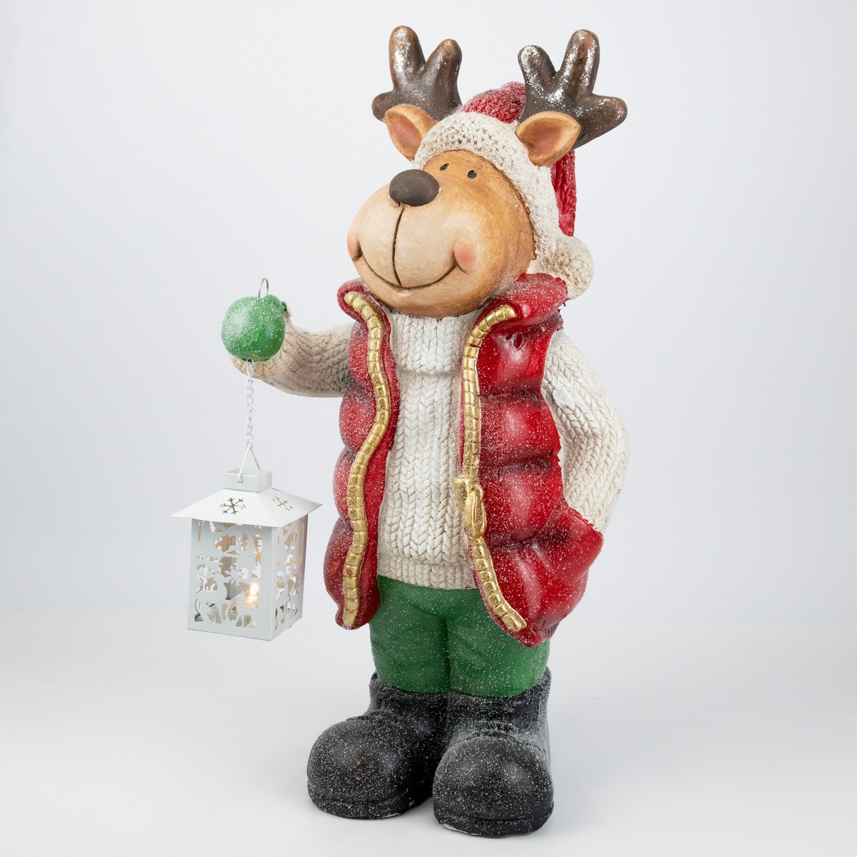 Сувенир Олень с фонарем (керамика), Н52х25,5х20см, красный в интернет-магазине флористических аксессуаров Азалия Декор