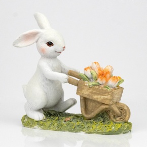 Сувенир Кролик с тележкой (полирезин), H12x13,5x6см, белый в интернет-магазине флористических аксессуаров Азалия Декор