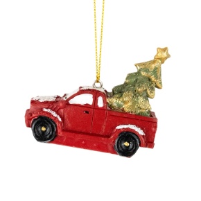Украшение подвесное Машина с елочкой (полирезин), Н5,5х6,5х3,5см, красный в интернет-магазине флористических аксессуаров Азалия Декор