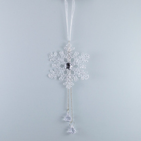 Украшение подвесное Снежинка с глиттером и стразами (пластик), 17,5x10см, белый в интернет-магазине флористических аксессуаров Азалия Декор