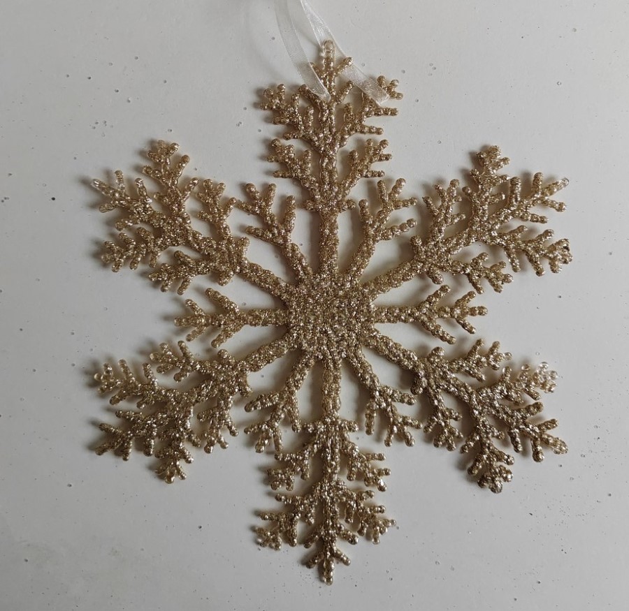 Украшение подвесное Снежинка с глиттером (пластик), 26см, шампань в интернет-магазине флористических аксессуаров Азалия Декор