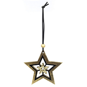 Украшение подвесное Звезда (дерево), 10см, в асс., черный/золотой в интернет-магазине флористических аксессуаров Азалия Декор