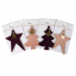 Украшение подвесное Сердце/Звезда/Елочка (дерево), 14см, в асс., роз./бордо в интернет-магазине флористических аксессуаров Азалия Декор