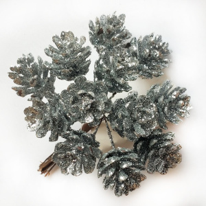 Набор шишек с глиттером на вставках 12шт., D2x2xL10см, серебряный в интернет-магазине флористических аксессуаров Азалия Декор