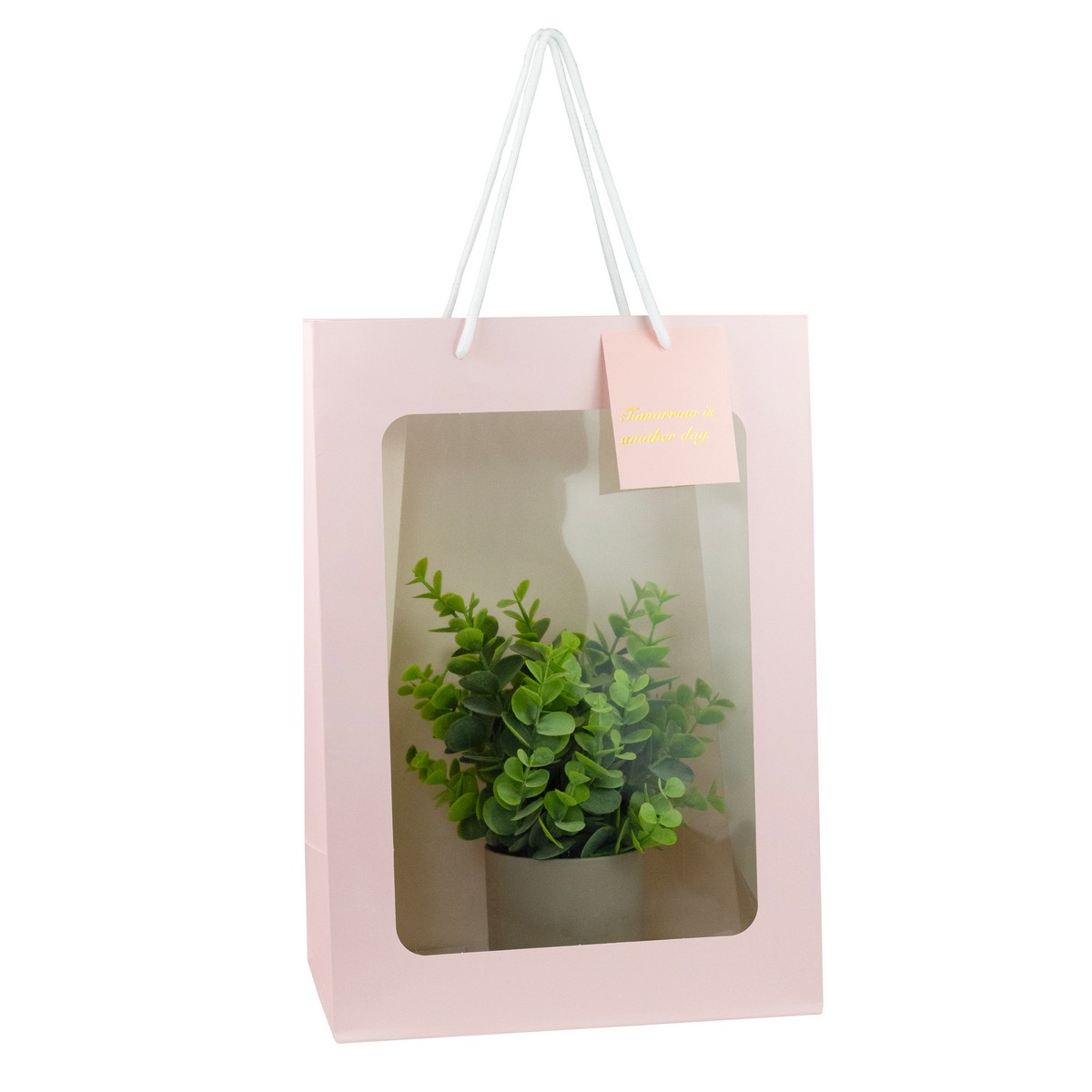 Пакет подарочный с прозрачной вставкой (бумага), 25x15x35см (в уп. 5шт.), розовый в интернет-магазине флористических аксессуаров Азалия Декор