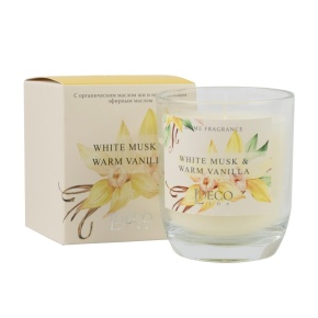 Свеча в стакане с ароматом Мускуса и ванили (30 часов, стекло), D7,5xH8,5см, прозрачный в интернет-магазине флористических аксессуаров Азалия Декор