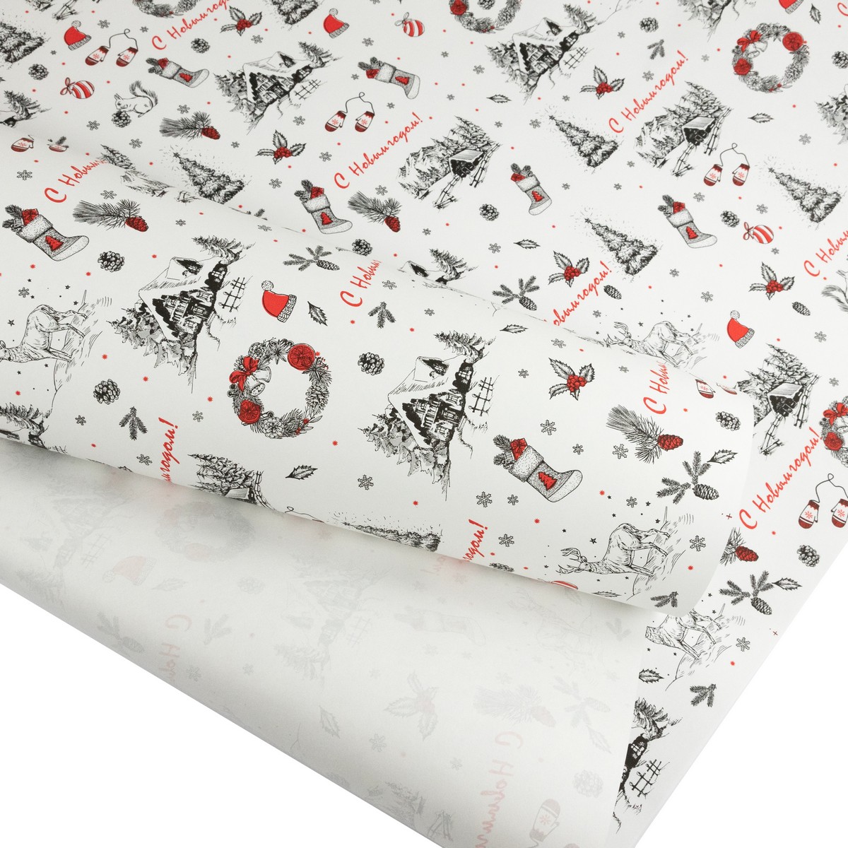 Бумага упаковочная крафт Деревенька 60гр, 72 см 10 м, белый/красный в интернет-магазине флористических аксессуаров Азалия Декор