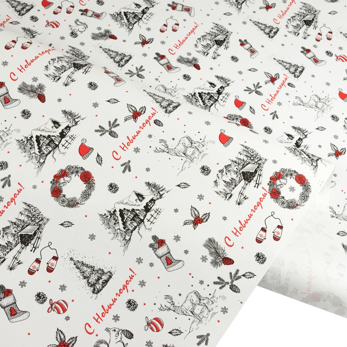 Бумага упаковочная крафт Деревенька 60гр, 72 см 10 м, белый/красный в интернет-магазине флористических аксессуаров Азалия Декор